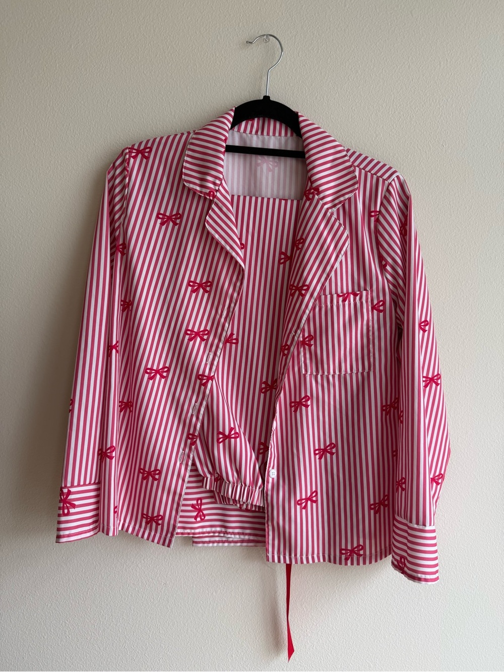 Pink Striped Bow Print Women's pajama set